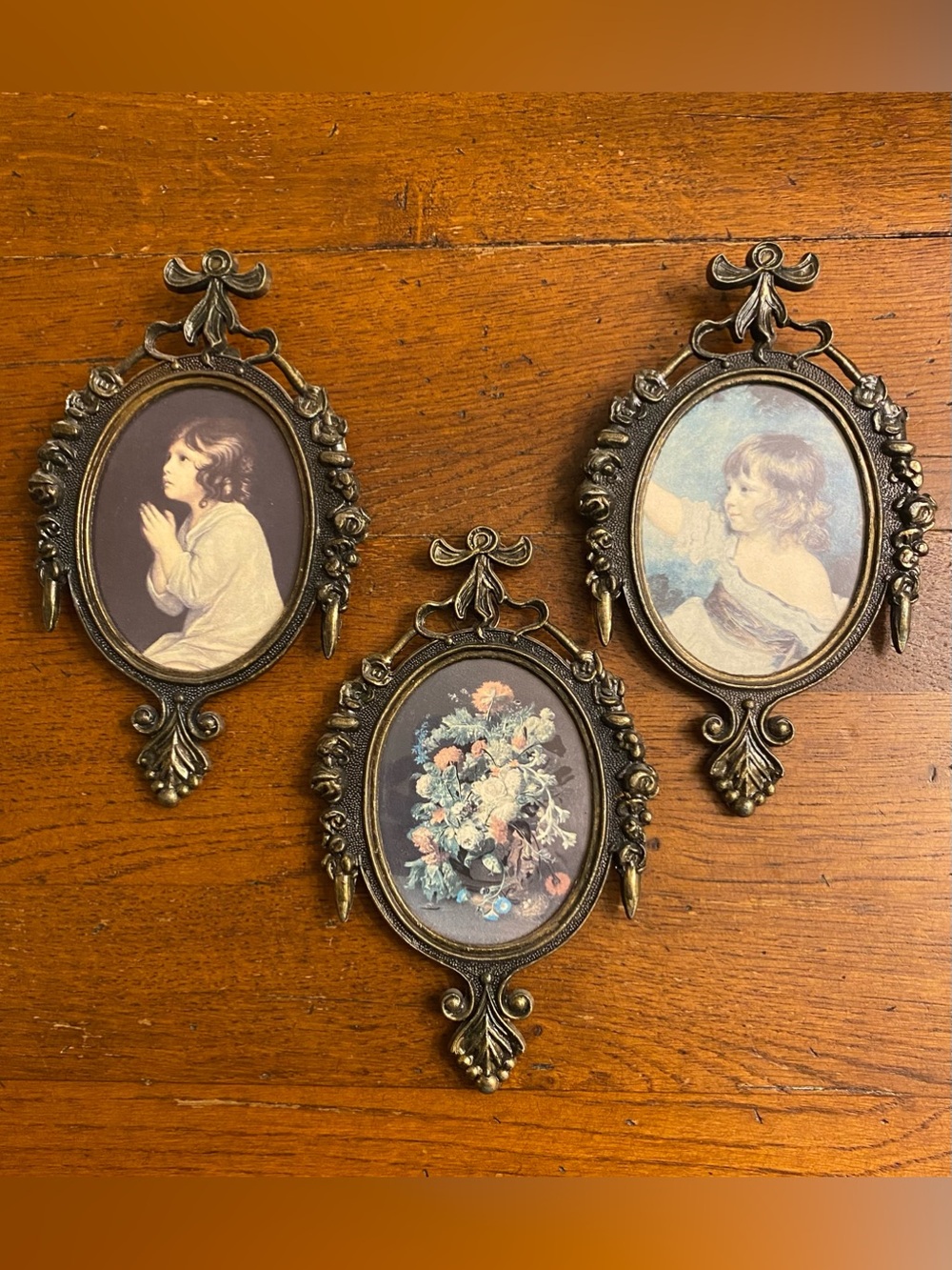 Vtg Italian Miniature Ornate Art Nouveau Brass Oval Wall Art Frames Set of 3